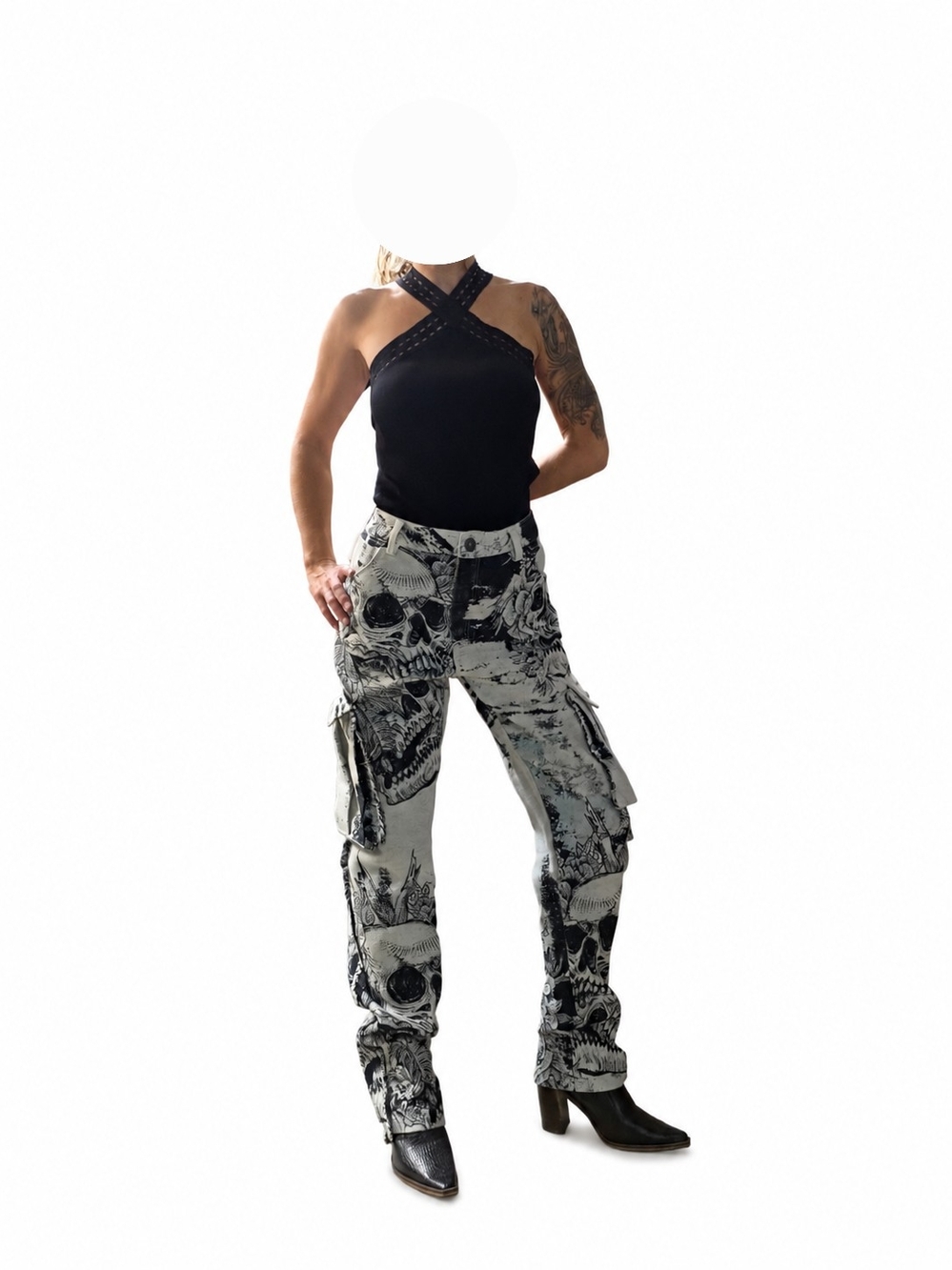 BKE Black & Cream Skull Print Cargo Pants